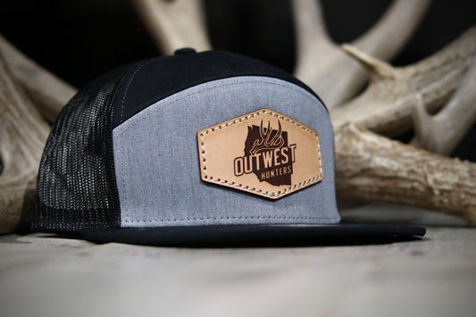 Outwest Hunters 7 panel leather patch hat - Grey/Black